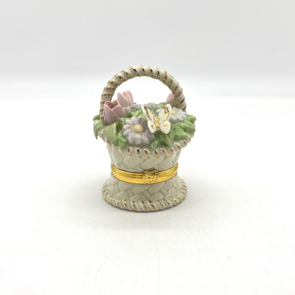 Lenox Treasures Basket of Blossoms Hinged Trinket Box Porcelain Gold Trim Floral